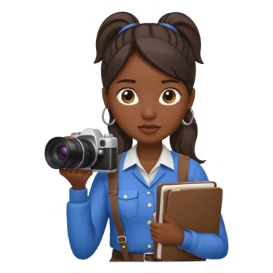 journalist dark skin woman ponytail holding camera and notebook sticker