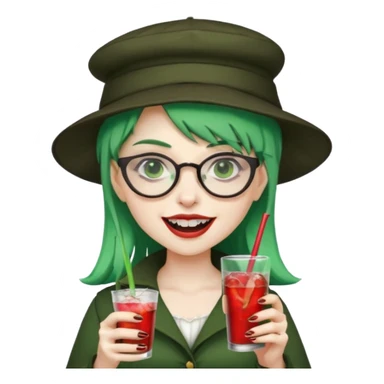 vampire green hair Drink holders with hat, wearing glasses, female,,teeth looks like vampire sticker