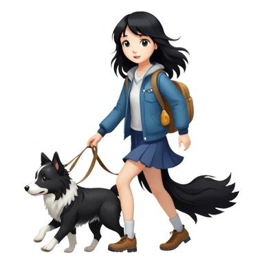 A girl with long black hair and bangs walking with a meteorite Border Collie sticker