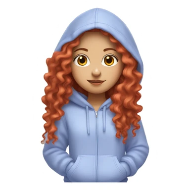 white girl with long red curly hair, wearing a pastel periwinkle hoodie doing a pose sticker