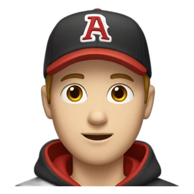 white guy with a red baseball cap backwards, brown hair, short hair, and a black hoodie,  sticker