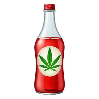 Red curved soda bottle with a cannabis leaf sticker