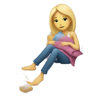 a blonde girl laying on the couch with a bunch of blankets  sticker