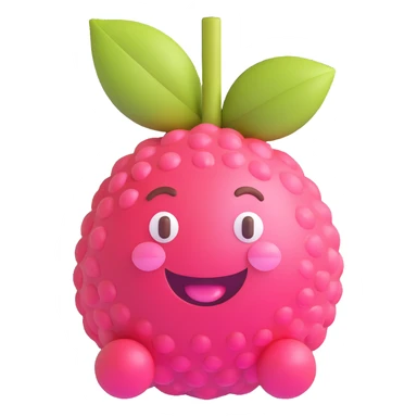 Adorable 3D lychee fruit character with round white cartoon face, shiny eyes, pink cheeks, big smiling mouth, bright pink-red bumpy glossy skin, small brown stem, toy-like, Pixar-style, colorful, fun, realistic lighting sticker
