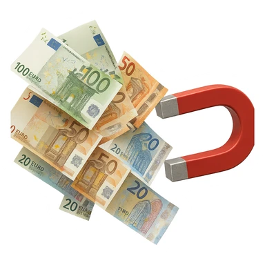 banconote di euro fluttuano vicino ad una calamita rossa, sono attratte, iperrealistico 4k sticker