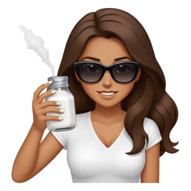 sassy woman with long brown hair, tan skin, and dark sunglasses holding a salt shaker filled with white table salt. She is shaking and sprinkling the salt. She is smirking.  sticker