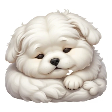 Cinematic Chubby Sleeping Wavy-Haired Maltese dog Portrait Emoji, Chubby and serene, with a round, adorable build and a soft, wavy-haired white coat, eyes gently closed in peaceful slumber, Simplified yet irresistibly endearing features, highly detailed, glowing with a gentle, dreamy glow, high shine, relaxed and content, stylized with a touch of whimsy, bright and heartwarming, soft glowing outline, capturing the essence of a blissfully sleepy companion, so comically serene it feels like it could roll out of the screen and snore with adorable charm! sticker