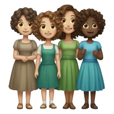 3 girls holding hands, one short with brown curly hair and a dress, one medium height with brown wavy hair and green skirt and top, one medium height with brown wavy hair with a blue dress sticker