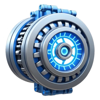 Powerful half-futuristic half-modern engine emoji, thick industrial metal body, rotating inner parts, glowing energy core. sticker