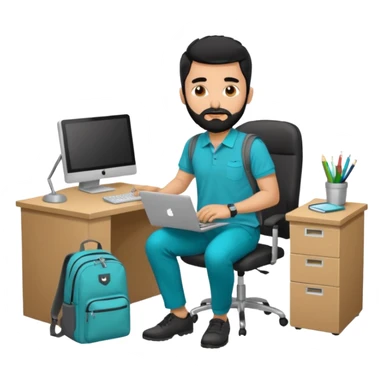 man with blackshot male hair and black hair and beard and hes in a office with his grey backpack on the floor and he has a tourquos polo shirt with backpack on floor on desk computer and grey pants sticker