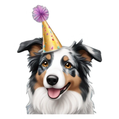 Blue merle border collie with happy birthday hat sticker