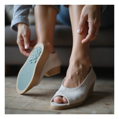 woman with visible orthotic in shoe, expression of discomfort, pain in foot and knees, realistic style, domestic environment sticker