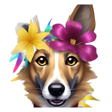  brindle brown black maroon striped lurcher Alsatian fox running blue eyes and iridescent holographic oilslick harness wearing paper iridescent tropical flower crown yellow caution tape sticker