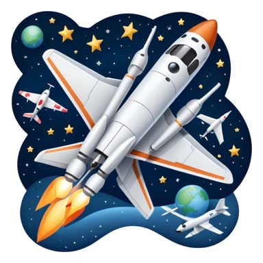 An icon featuring a space shuttle, a drone, and an airplane against a starry sky, symbolizing aerospace technology. The design includes rocket boosters and satellite orbits, representing the exploration of space and advanced aviation. Transparent background sticker