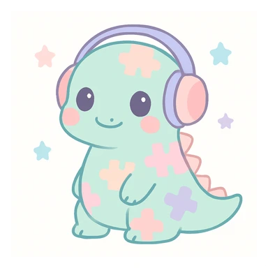 a calm and approachable dinosaur with puzzle piece patterns on its body, wearing noise-cancelling headphones, soft and cute style sticker