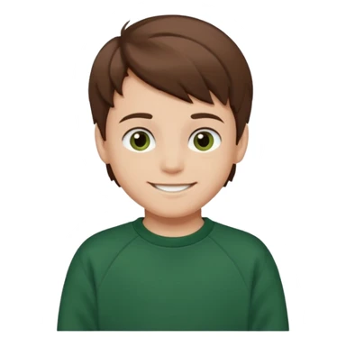 a smiling boy with brown hair and white skin he has dark eyes and he is wearing a dark green sweatshirt sticker