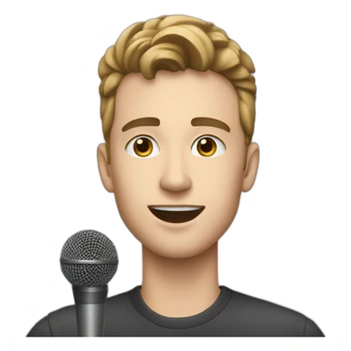 A white young man speaking on a stage with microphone sticker