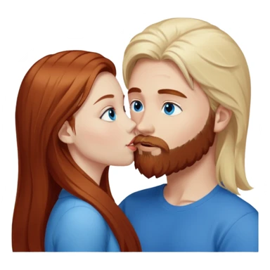 Long-pale-blonde hair, beautiful girl with blue eyes facing, kissing reddish-brown hair-beard boy blue eyed white guy sticker