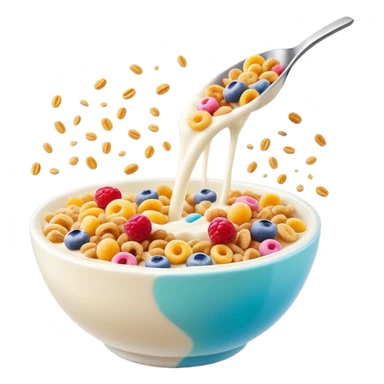 Cinematic crunchy cereal, vibrant and colorful, splashing into a bowl of cold milk, soft glowing background, dynamic movement, playful and inviting, nostalgic and fun. sticker
