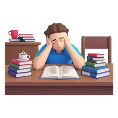 emoji of a slumped-over student at a desk, head resting on arms, with a coffee cup and open books, looking completely worn out from exams sticker
