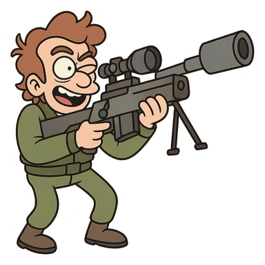 cartoon style sniper, exaggerated features, holding a large sniper rifle, green outfit, playful expression sticker