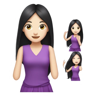 illustrated logo, kawai woman, long black hair, bright eyes, dancing, purple clothes, white skin sticker