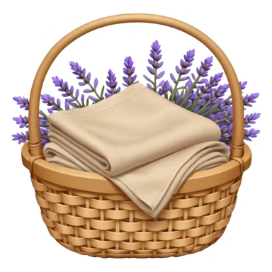 Basket of beige linens and lavender sticker