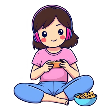 Brunette gamer girlie relaxing wearing pink and eating snacks sticker