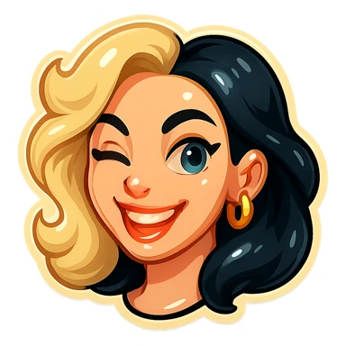 Make the character fully identical to the reference in the style of a Telegram sticker. The character is a girl with two-tone hair (light and black), smiling with visible upper teeth, winking, blue eyes, pale skin, golden earrings, showing only the head with hair, no background and no outline on the edges. sticker
