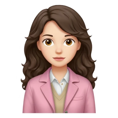 Portrait of woman with dark long wavy hair in white shirt, pink pullover and beige jacket sticker
