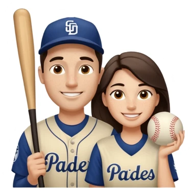 *White* Smiling couple. Woman has big cheeks and a lot of freckles on the nose. long brown hair. Man has black and very short hair and prominent eyebrows with egipcian nose. Both are wearing “Los Padres” baseball jerseys and with a sign that says “Go Padres!” sticker