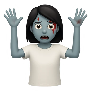 Create an image of a zombie girl with black hair wearing a white t-shirt, minimal blood, in the style of Apple emojis, with no background, arms outstretched. sticker