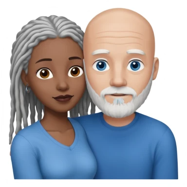 Tall bald white man with a white beard and blue eyes in a lovingly embrace with a black woman with brown eyes and grey hair dreads sticker