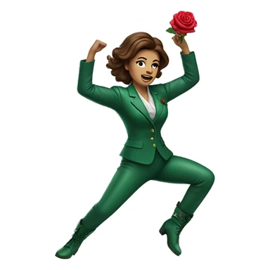 Woman with brown hair in green suit with green leather boots with rose on stomach dancing sticker