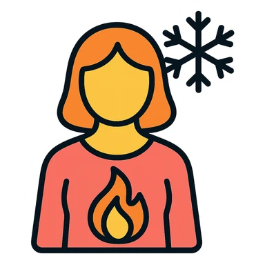 female figure with a glowing flame inside her body and a snowflake surrounding her, symbolizing menopause hot inside cold outside sticker