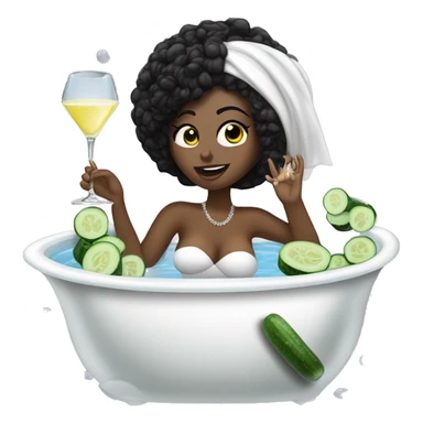 Girl with white towel wrapped around hair and cucumbers on eyes with manicure  holding a martini glass and bottle in black high heels kicking feet out in bubble bathtub  sticker