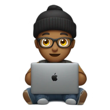 tech guy with black beanie holding a apple laptop in the lap sticker