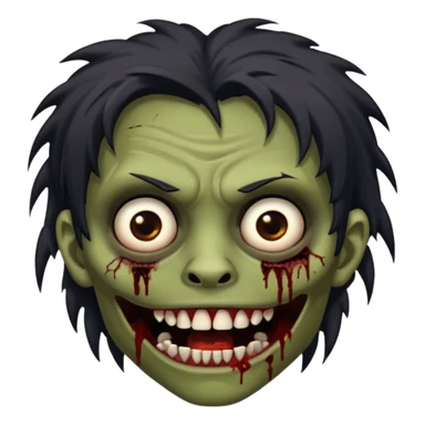 Brown-skinned zombie with messy black hair, wide centered brown eyes, dark bloody marks under the eyes, and a slightly open mouth showing crooked teeth grillz, giving a distressed, undead look. sticker