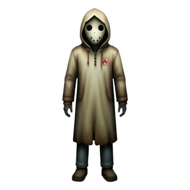 An icon representing a horror game, inspired by Silent Hill 2. The design features a foggy, eerie street with a shadowy figure in the distance. Creepy, dim lighting and dark, abandoned buildings set the tense atmosphere. Transparent background enhances the unsettling mood. sticker