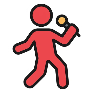 2D bathroom icon-style person, red color, holding a microphone, black background sticker
