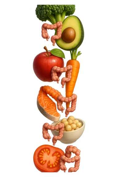 cibo sano fluttua in aria verticalmente stringendo piccoli colon umani, stile emoji iphone, iperrealistico 4k sticker