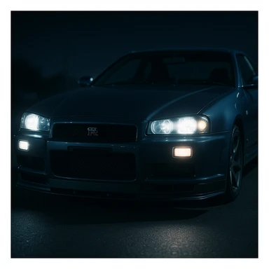 Nissan Skyline GTR R34, close-up, headlights on, night scene sticker