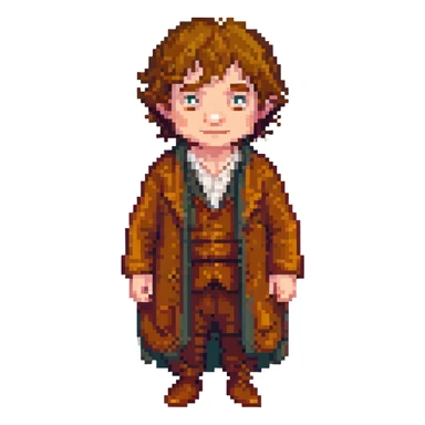 Whole body image of bilbo baggins from the lord of the rings  in pixel art style and formatted to fit emoji size for later adding to slack app sticker