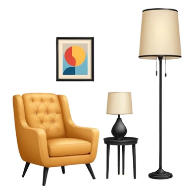 Minimalistic flat vector icon, iOS style, thin black contour on white background. Floor lamp, armchair, and framed picture on wall. Clean, no text, no shadows sticker