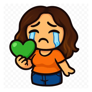 Sticker style chibi emote, matching the attached green heart emote as a base, but with a slightly skinnier body and a bigger chest. Woman from reference, orange t-shirt and blue jeans, crying with big tears, cute sad face, no headband, no wand, transparent background. Top color should not match jeans. sticker