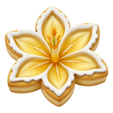 Realistic shortbread cookie in the shape of a lily flower with pastel yellow color jelly middle filling and sprinkled powder sugar on top. sticker