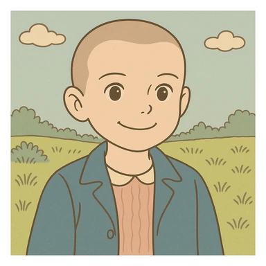 Variation of Eleven with shaved hair, serious expression, simple and delicate line art as in the reference drawing, colored in pastel tones, thick and dark contours, Ghibli style, 1:1 format, expression smiling. sticker