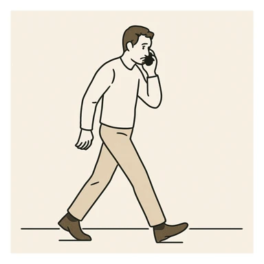 A man pacing back and forth while on the phone, looking distracted, simple setting. sticker