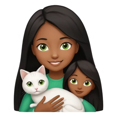black girl with brown eyes with straight long black hair with a side part.  holding a female white cat with green eyes sticker