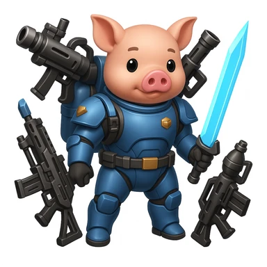 Add more sci-fi weapons to the pig Helldiver, such as futuristic rifles, energy swords, or grenade launchers, in the style of emoji (apple style emojis). sticker